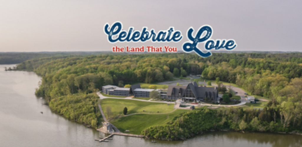 aerial view of the lodge at hueston woods state park with a graphic overlay