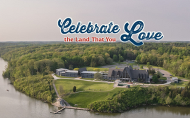 aerial view of the lodge at hueston woods state park with a graphic overlay